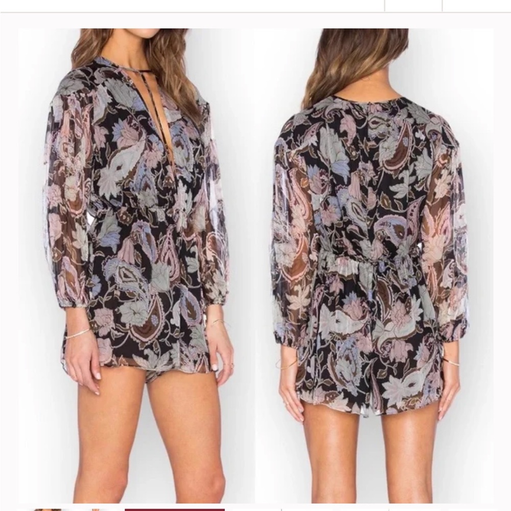 Like new zimmermann henna t bar low cut deep v floral silk romper